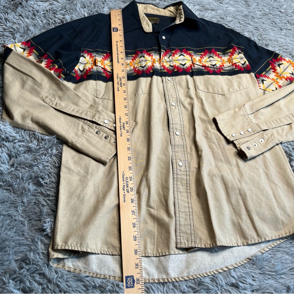 Wrangler Rustler Shirt Mens Large Pearl Snap Southwestern Cowboy Rodeo Blue Tan - Picture 5 of 8